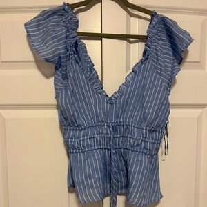Jcrew Blue Striped Ruffle Blouse